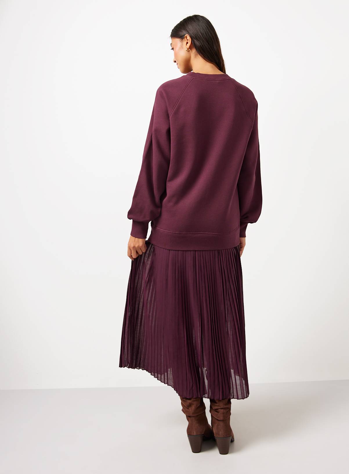 Burgundy Sweatshirt Combined Plisse Midaxi Dress 6 - Image 4